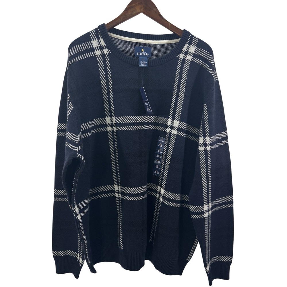 Stafford Men XXL Navy Plaid Sweater Round Neck Long Sleeves Wool Blend New Tags
